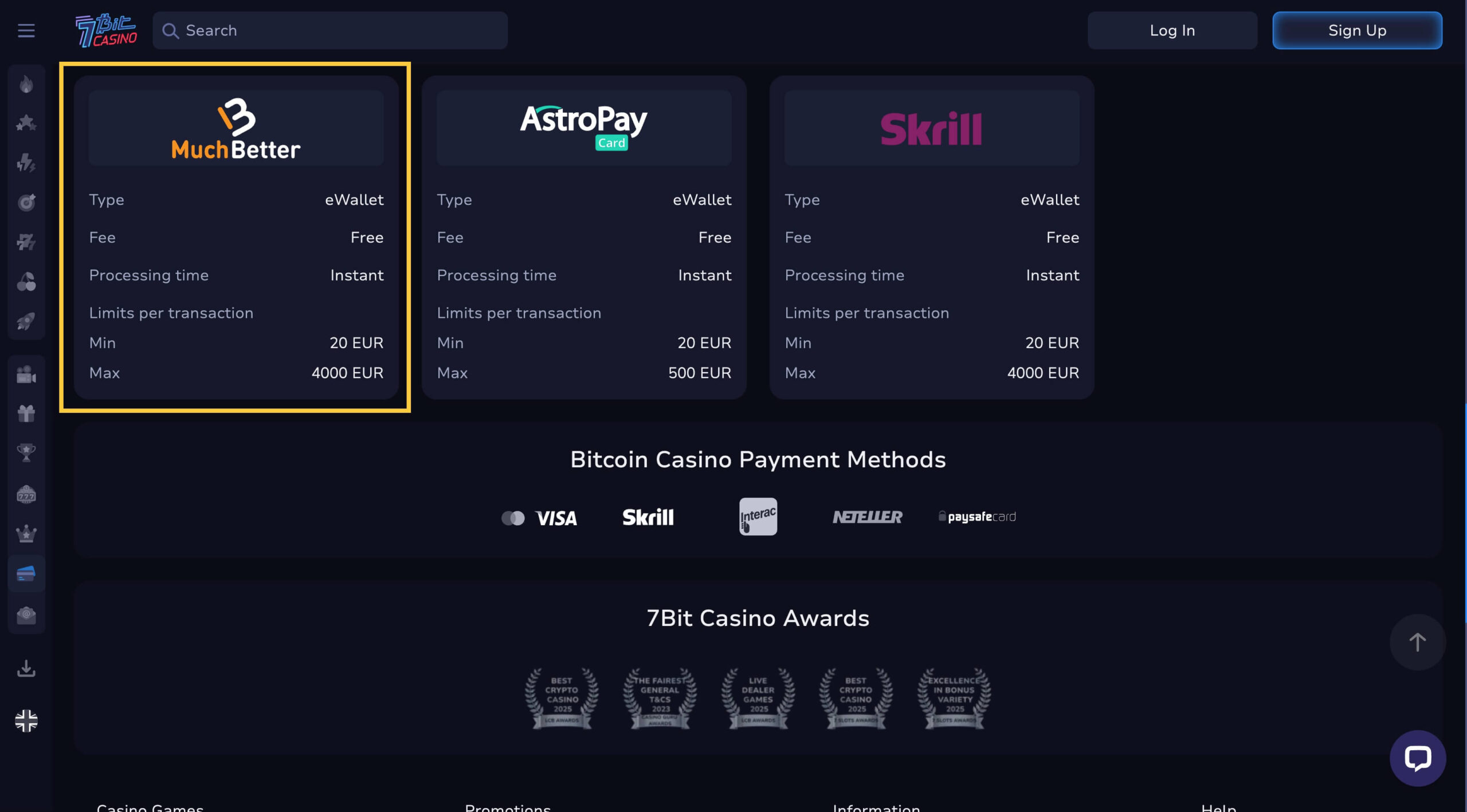 7Bit Casino deposit screen showing MuchBetter payment option