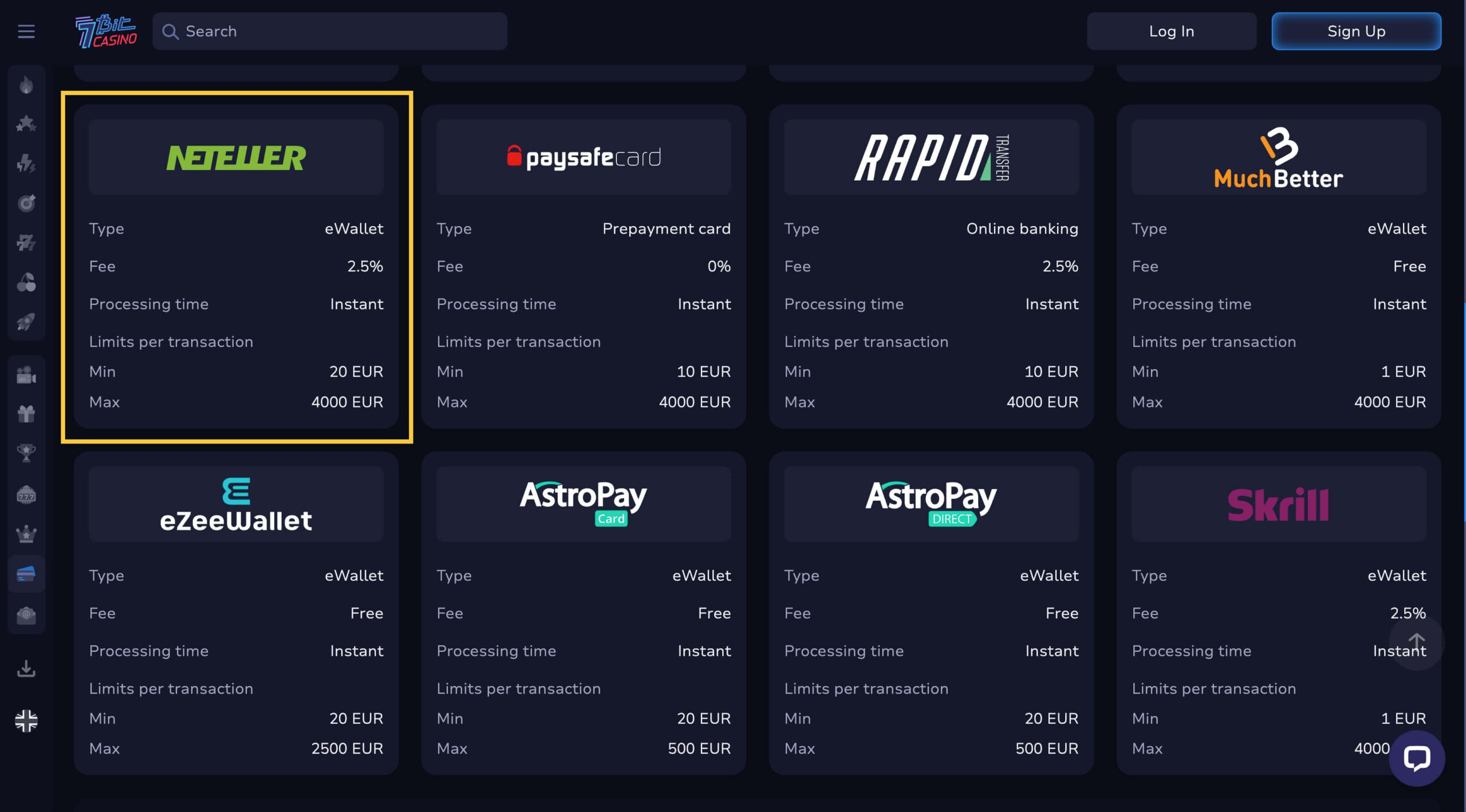 7Bit Casino cashier showing Neteller deposit option