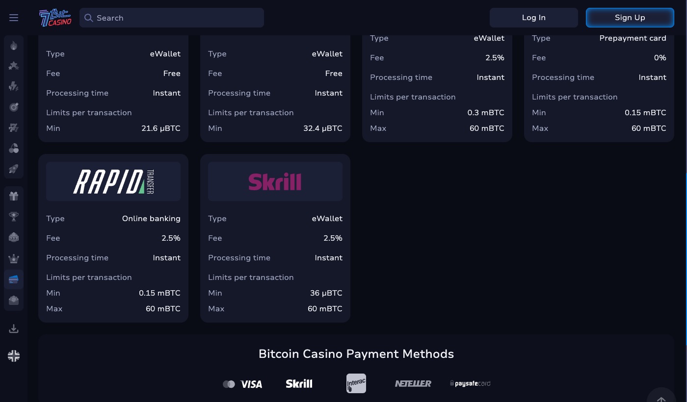 7Bit Casino deposit screen showing Skrill payment option