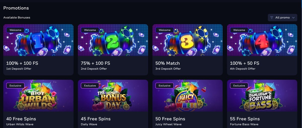 7Bit Casino account Bonuses tab showing free spins offer