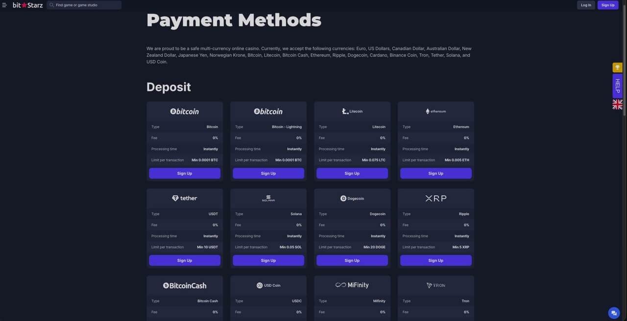 Bitstarz casino showing accepted payment methods includign Ethereum