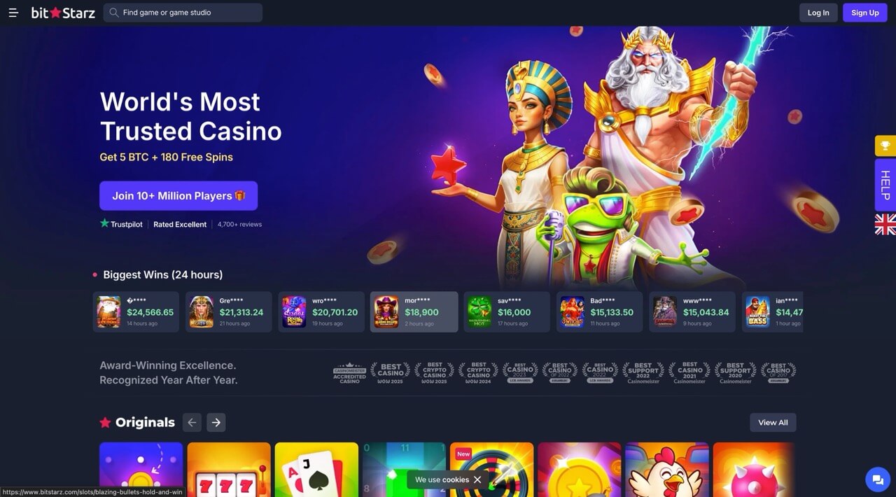 Bitstarz casino home with offer 5btc + 180 free spins visible