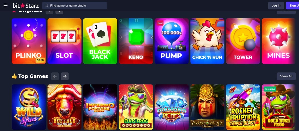 Bitstarz Casino lobby showing slots and live casino tabs