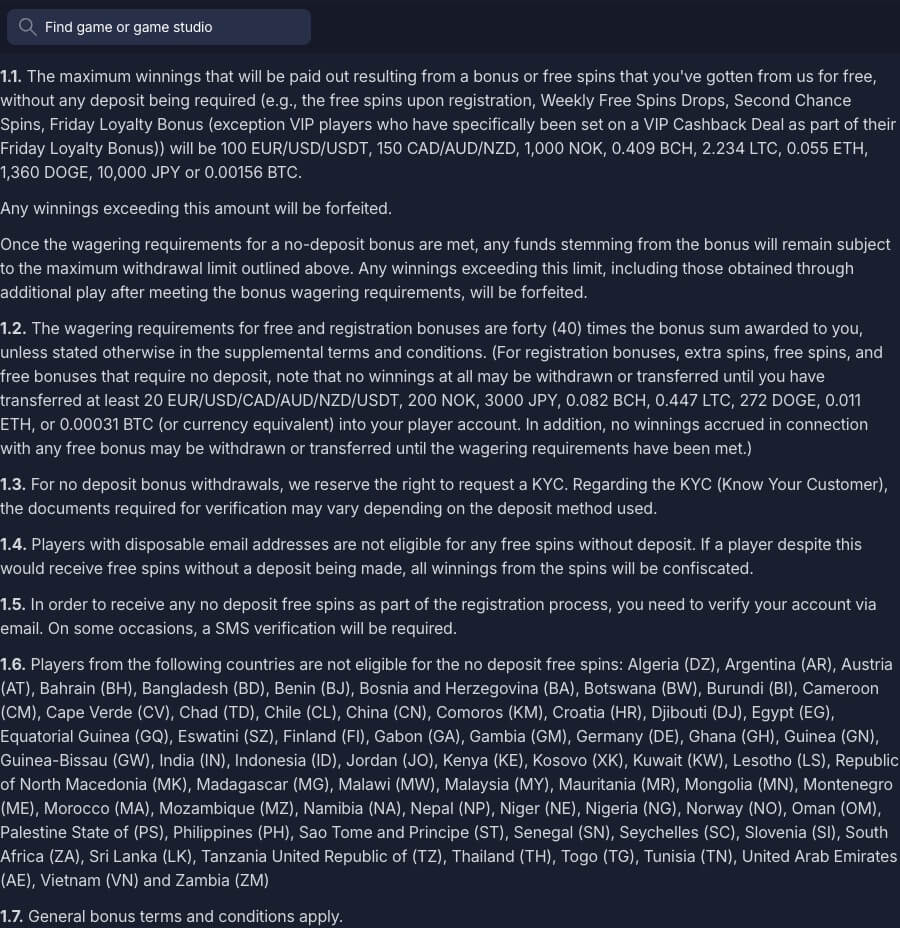 BitStarz bonus terms and conditions, no deposit bonus clause