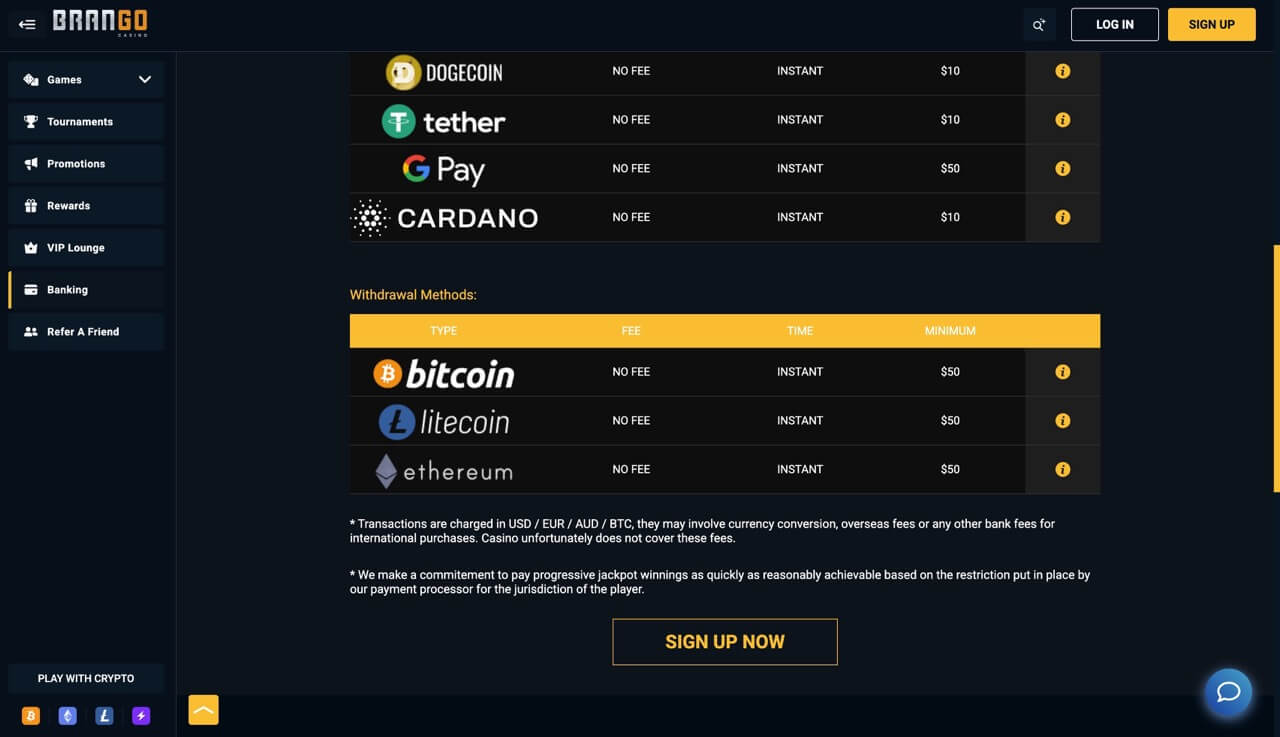 BRango casino payment methods showing google pay payment method.