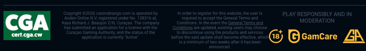 Brango Casino licence information in the footer