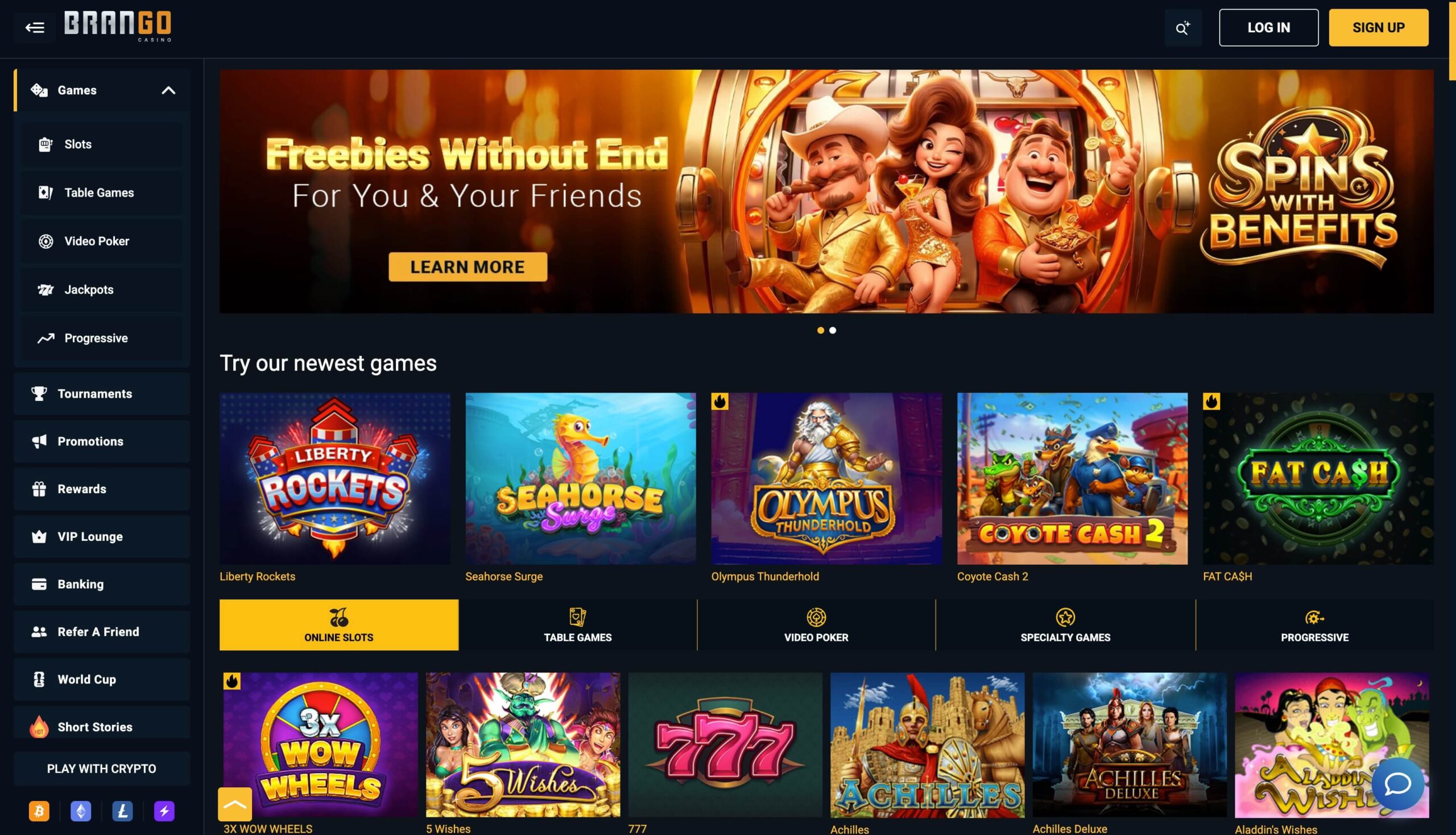 Brango Casino lobby showing slot categories