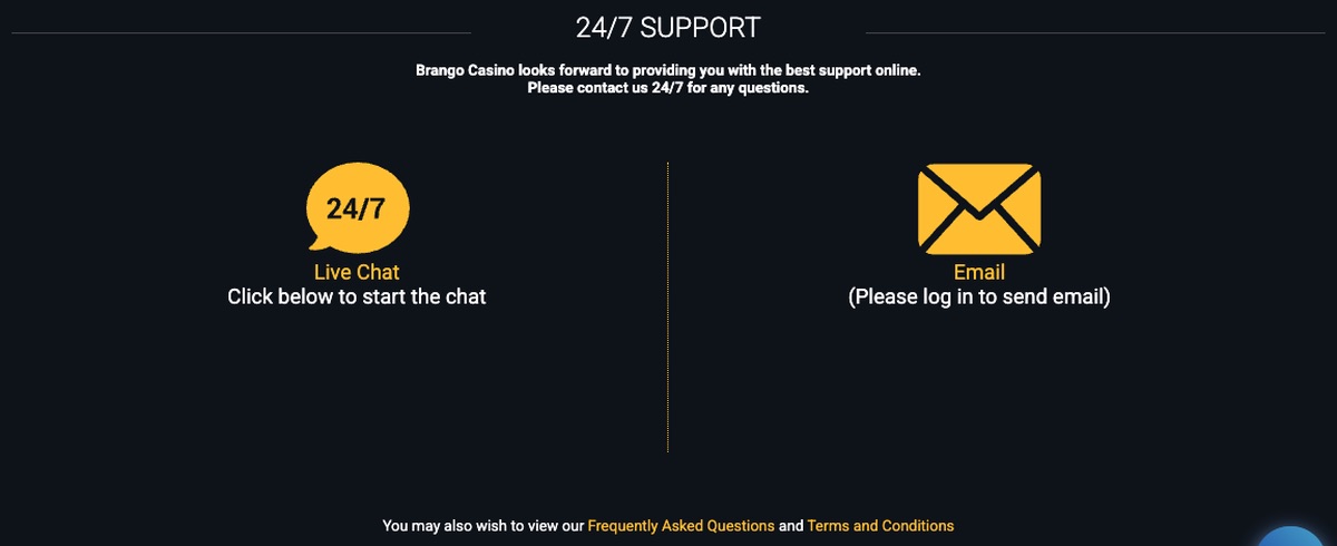 Brango Casino live chat support window
