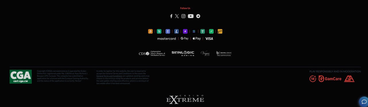 Casino Extreme footer showing Interac as a payout option.