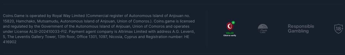 Coins Game Casino licence information in the site footer