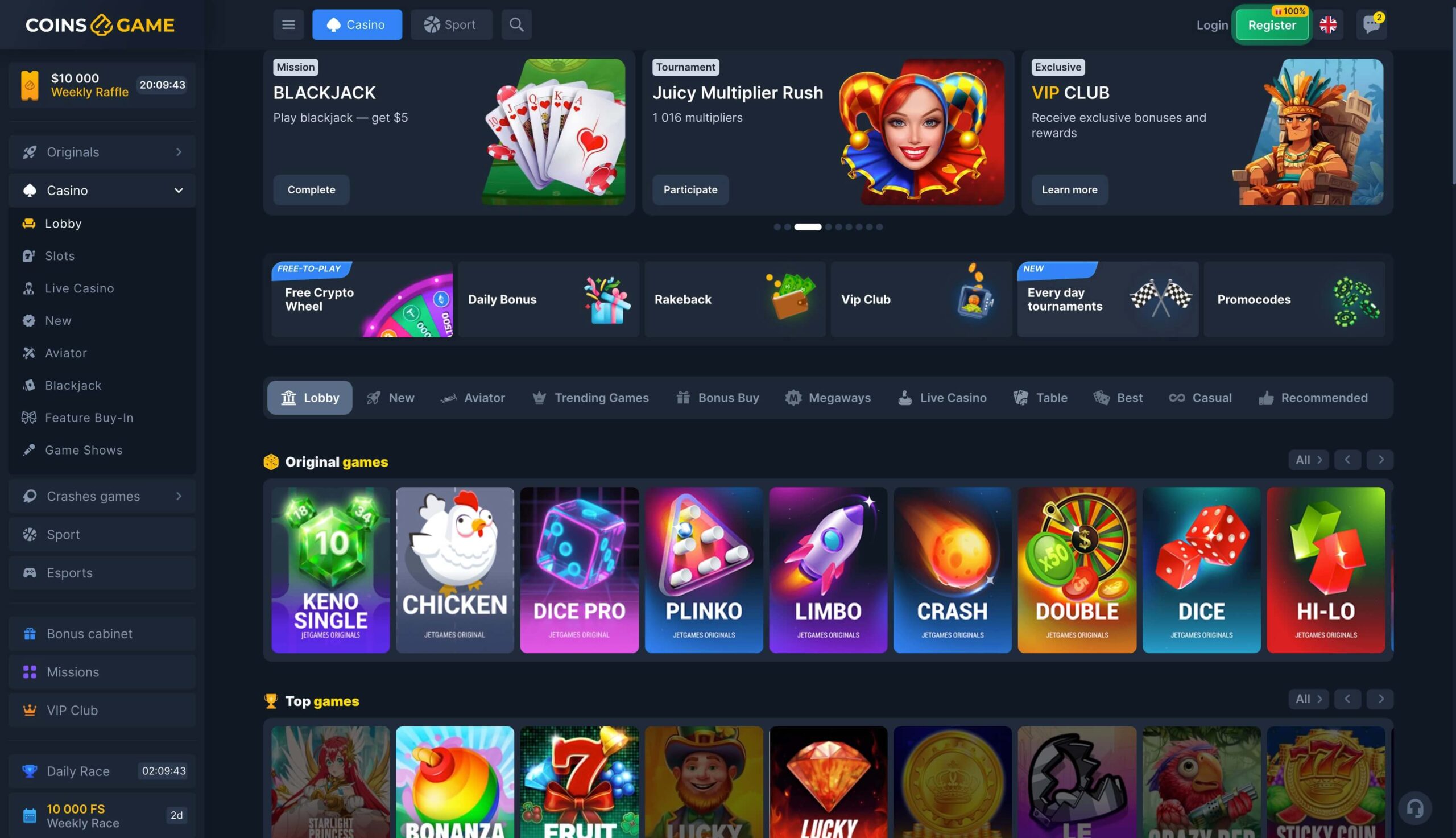 Coins Game Casino lobby showing slot categories