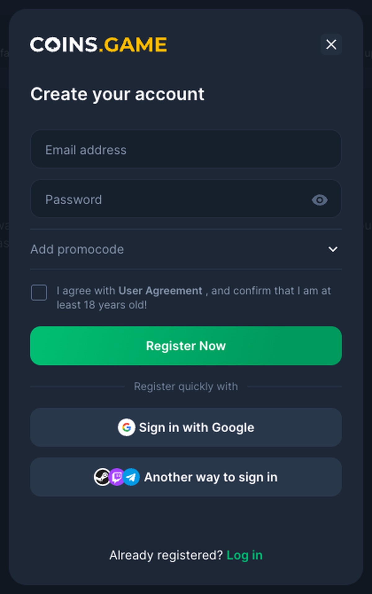 Coins Game Casino registration form