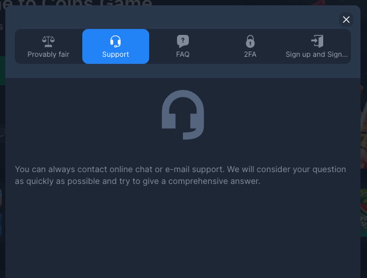 Coins Game Casino live chat support window