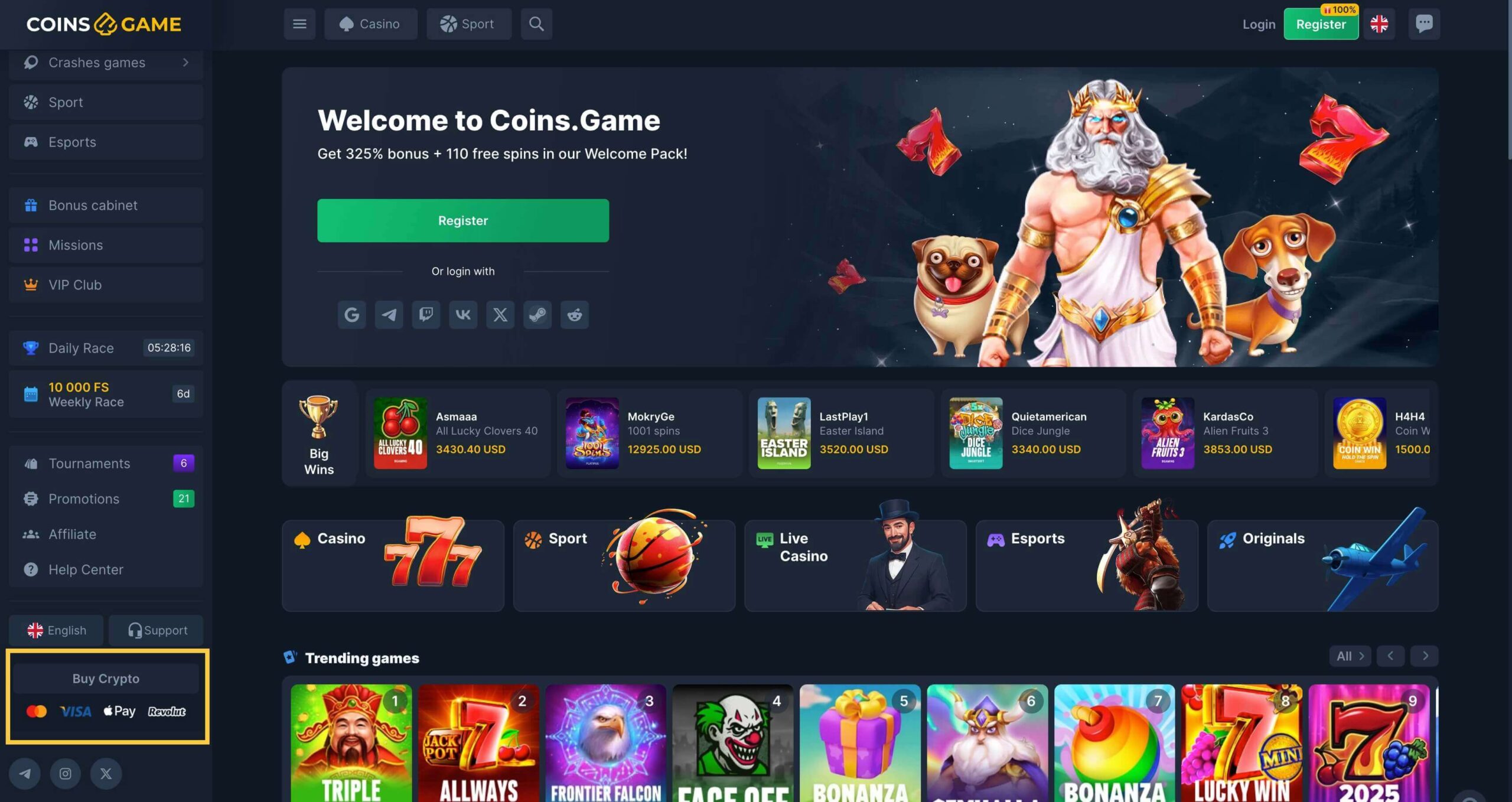 Coins Game listing Revolut as a payment method