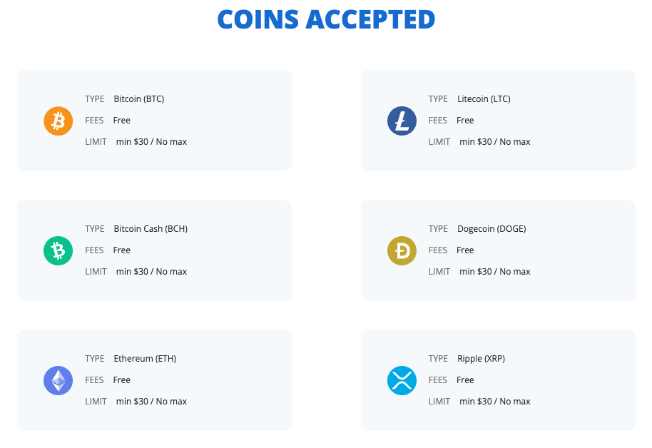 Crypto Loko accepted cryptocurrencies and deposit limits (min $30, no max, no fees)