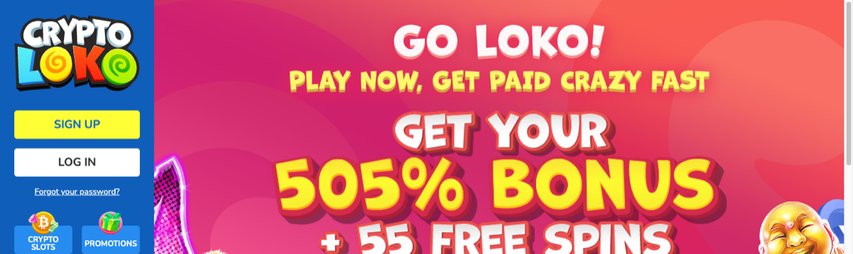 Crypto Loko Casino homepage advertising a 505% welcome bonus and 55 free spins