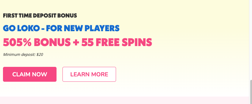 Crypto Loko advertised 505% welcome bonus plus 55 free spins, minimum deposit $20
