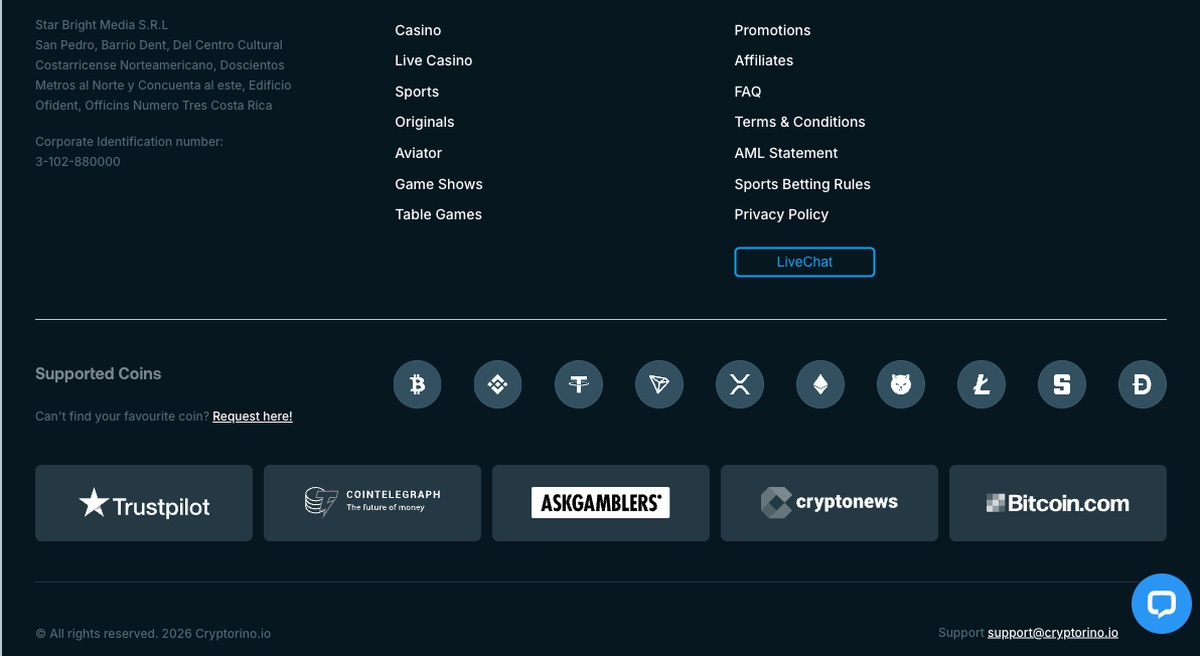 Cryptorino Casino footer showcasing there is no license.