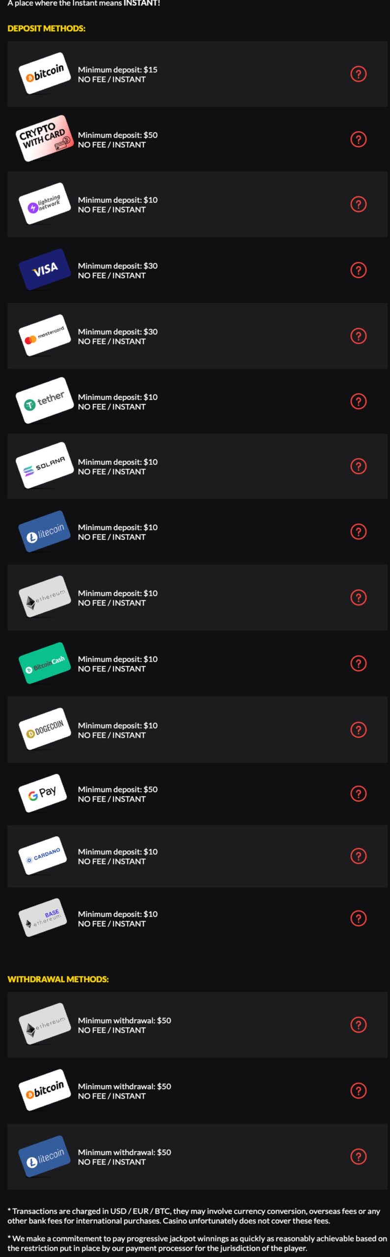 Extreme Casino banking page showing deposit methods