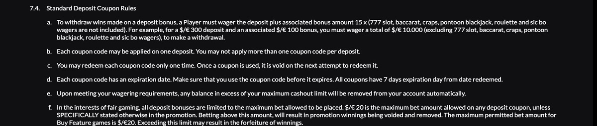 Extreme Casino bonus terms and conditions showing wagering requirements