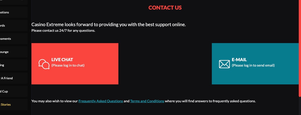 Extreme Casino live chat support window