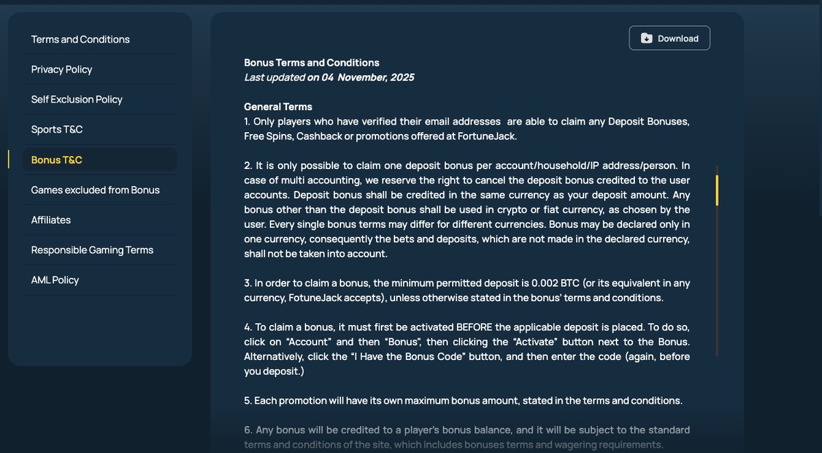 FortuneJack Casino bonus terms and conditions showing wagering requirement