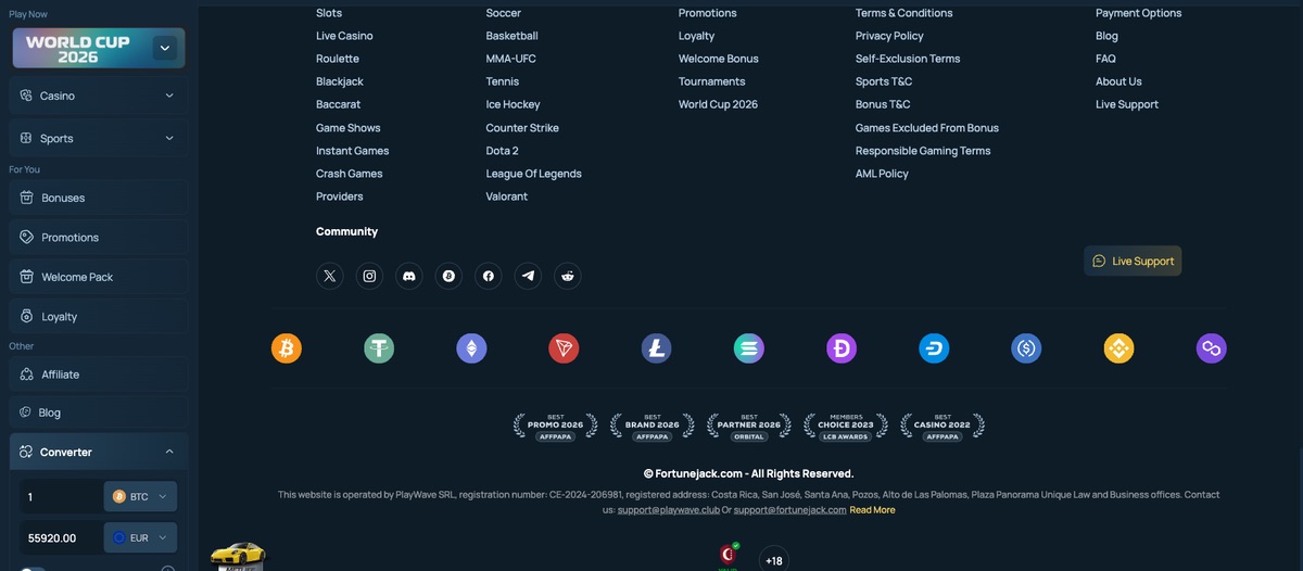 FortuneJack Casino licence information in the site footer