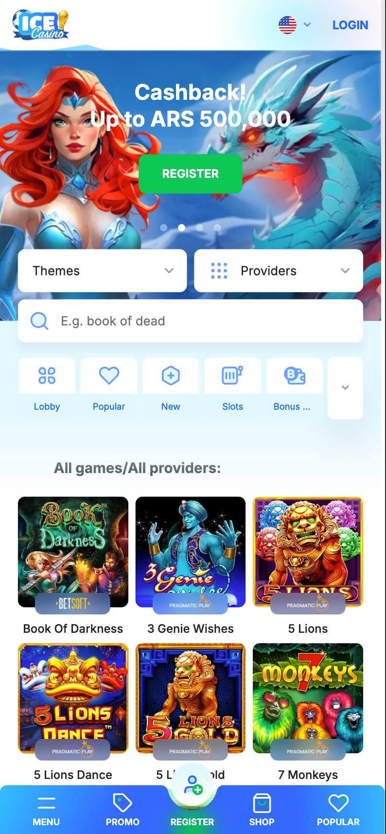 Ice Casino lobby running in a mobile browser