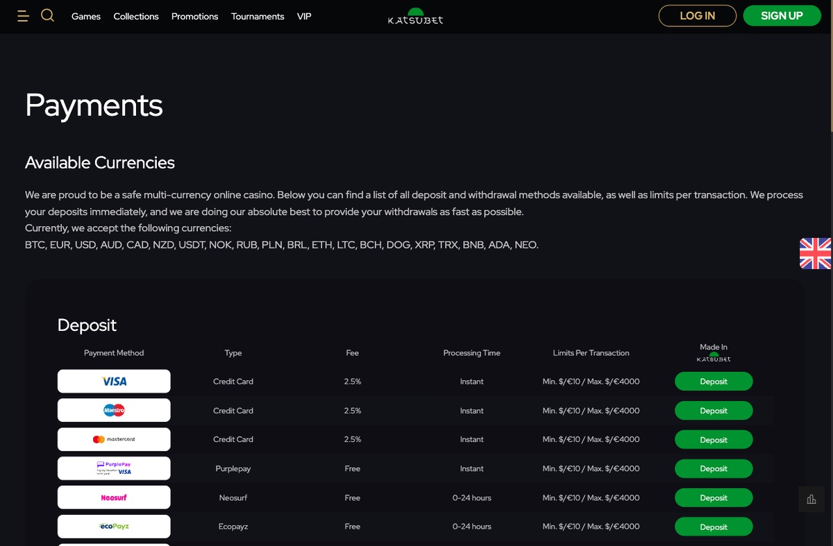 Katsubet Casino banking page showing deposit and withdrawal methods