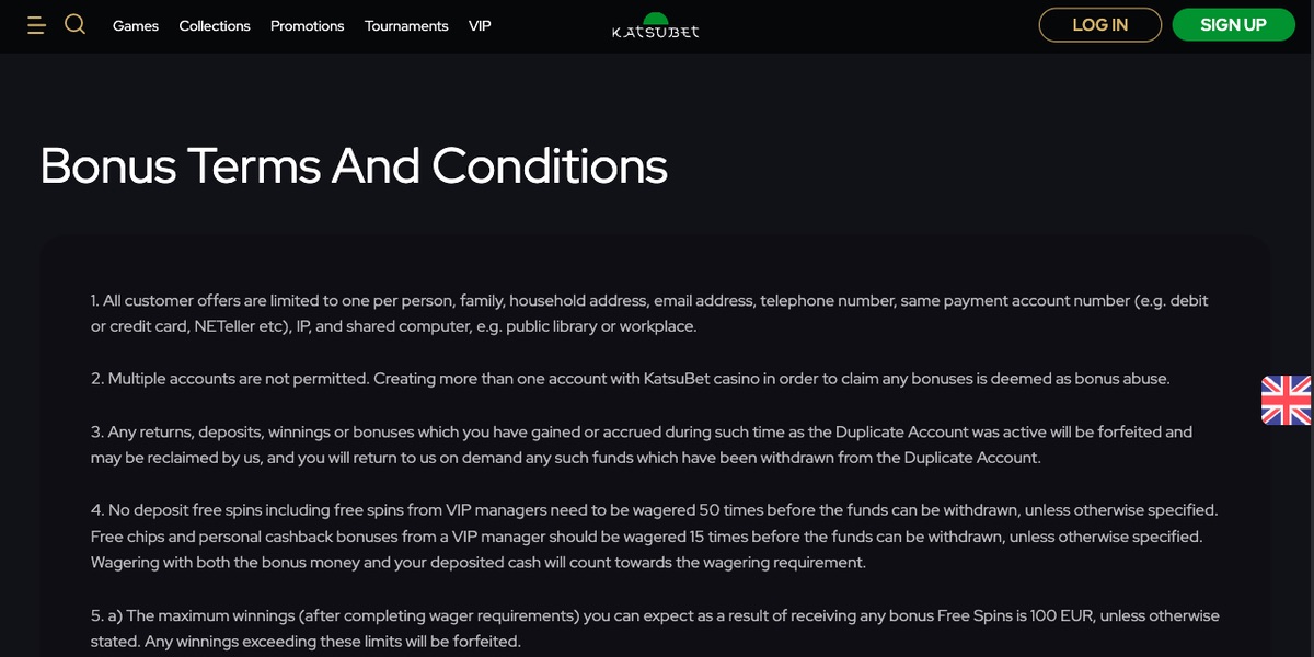 Katsubet Casino bonus terms page showing the wagering requirement