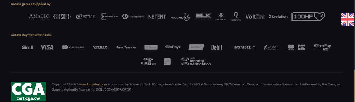Katsubet Casino licence information shown in the site footer
