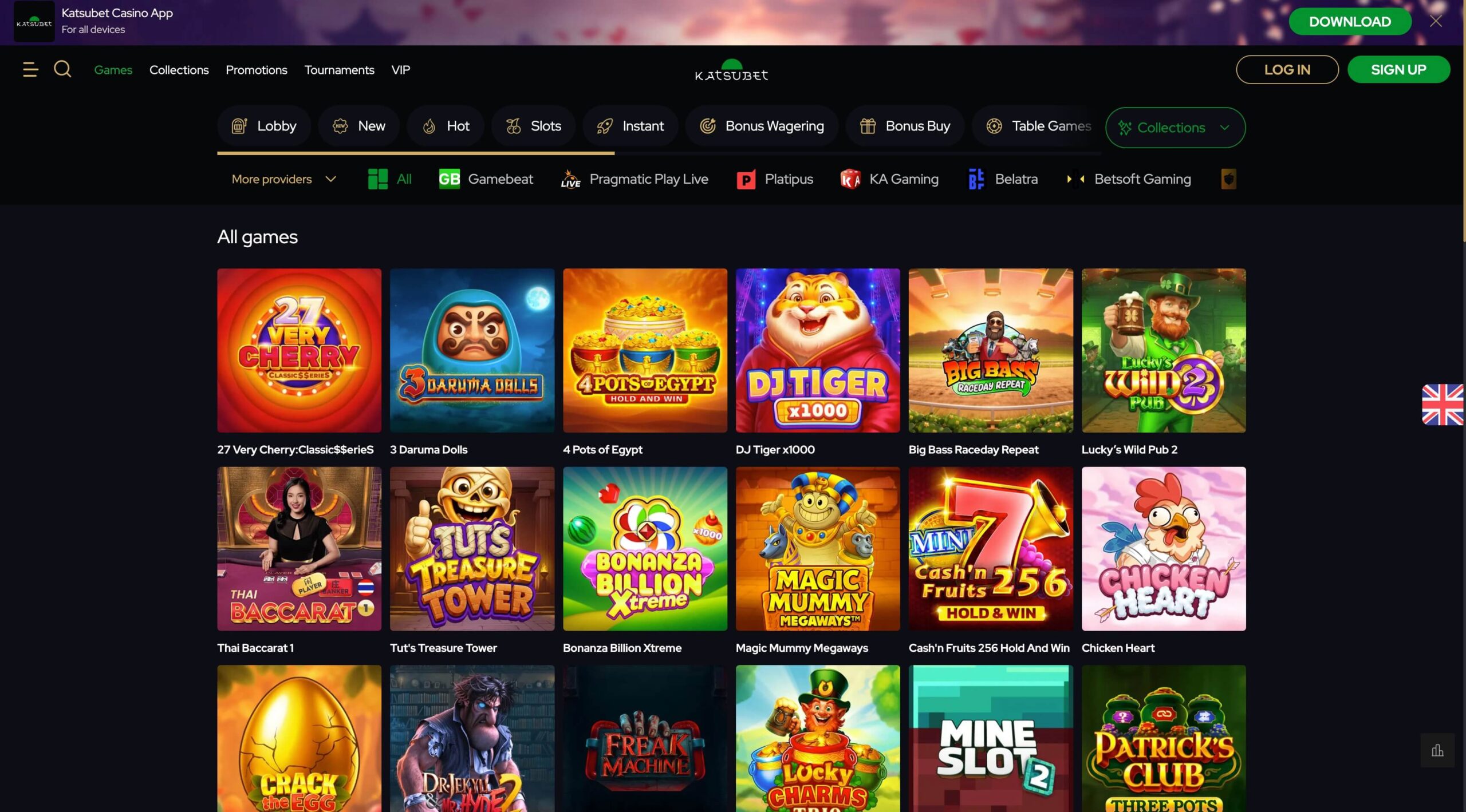Katsubet Casino lobby showing slot categories
