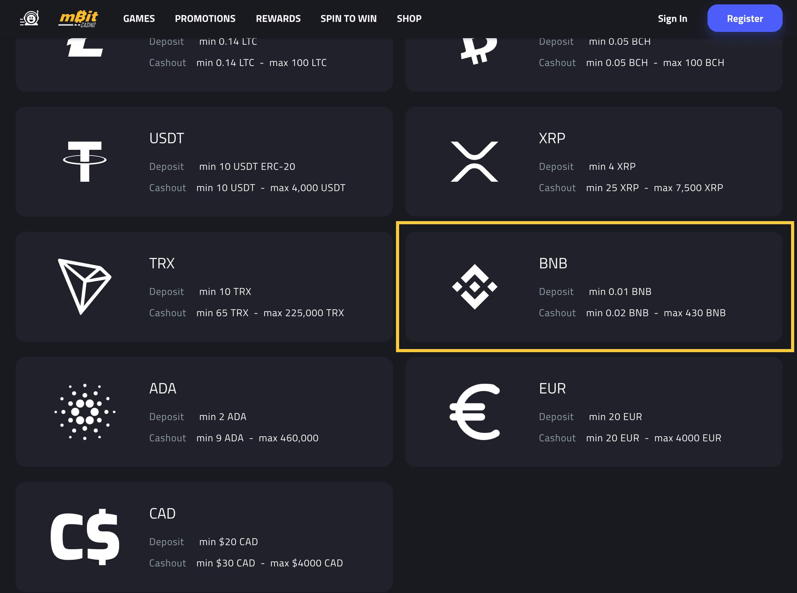 mBit Casino lBNB payment method