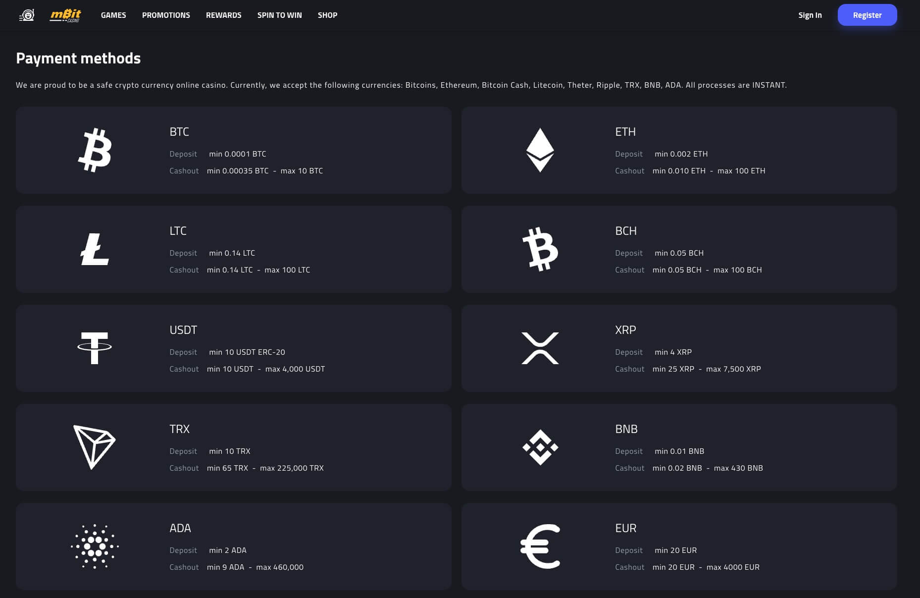 mBit Casino Bitcoin deposit screen