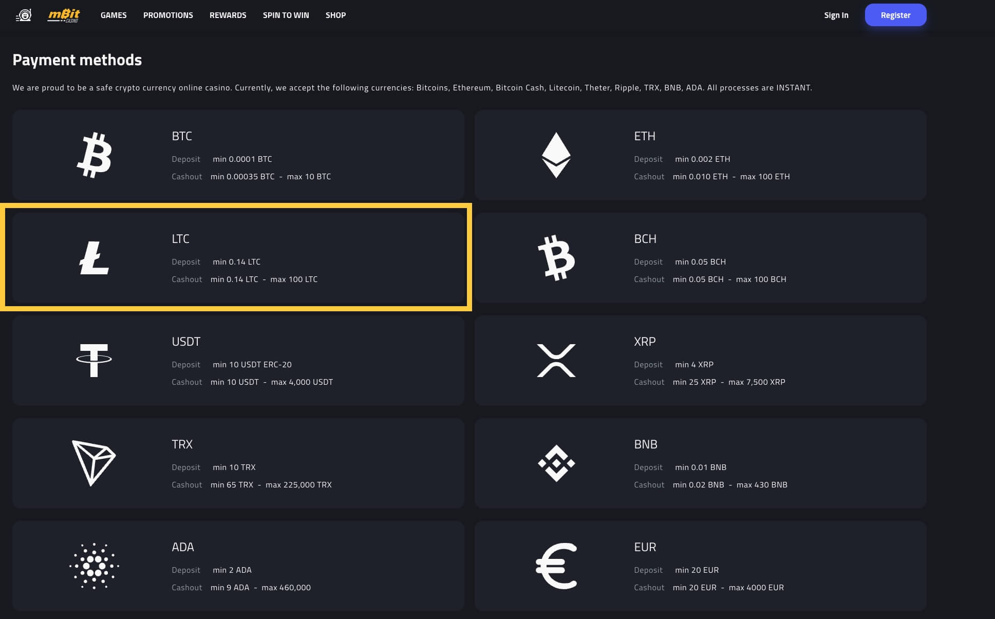 mBit casino showing accepted Litecoin payment methods