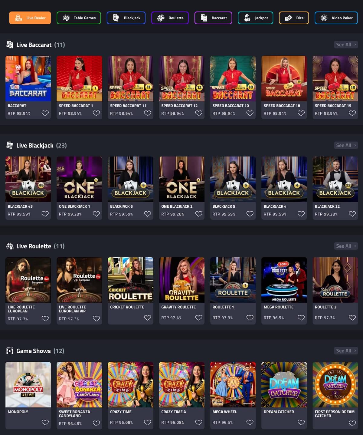 mBit Casino live dealer lobby showing roulette, blackjack, and game show tiles