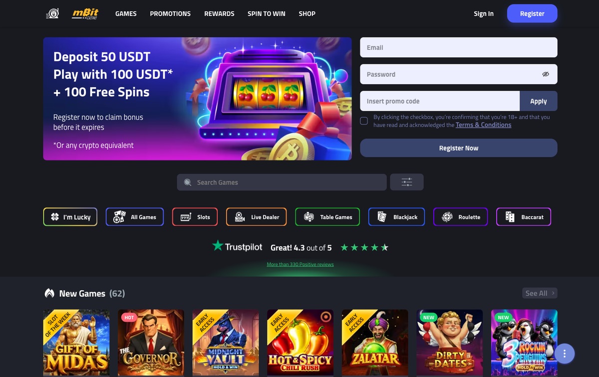 mBit Casino game lobby showing slot categories
