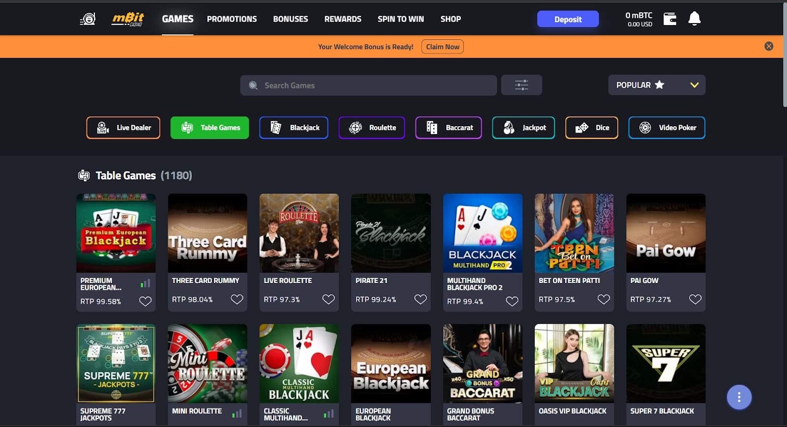 mBit Casino Table Games