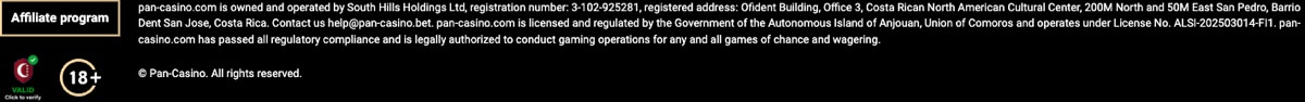 Pan Casino footer showing its Anjouan licensing claim