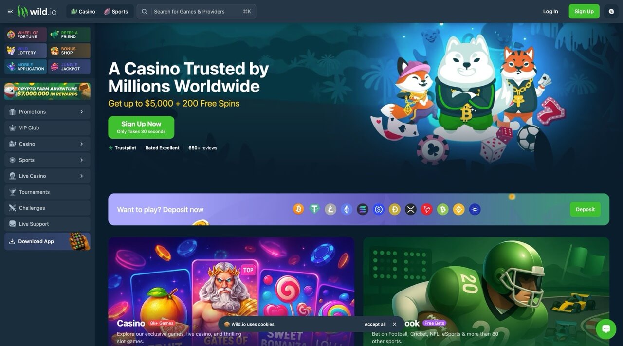 Wild.io casino home with $5000 + 200 free spins offer visible