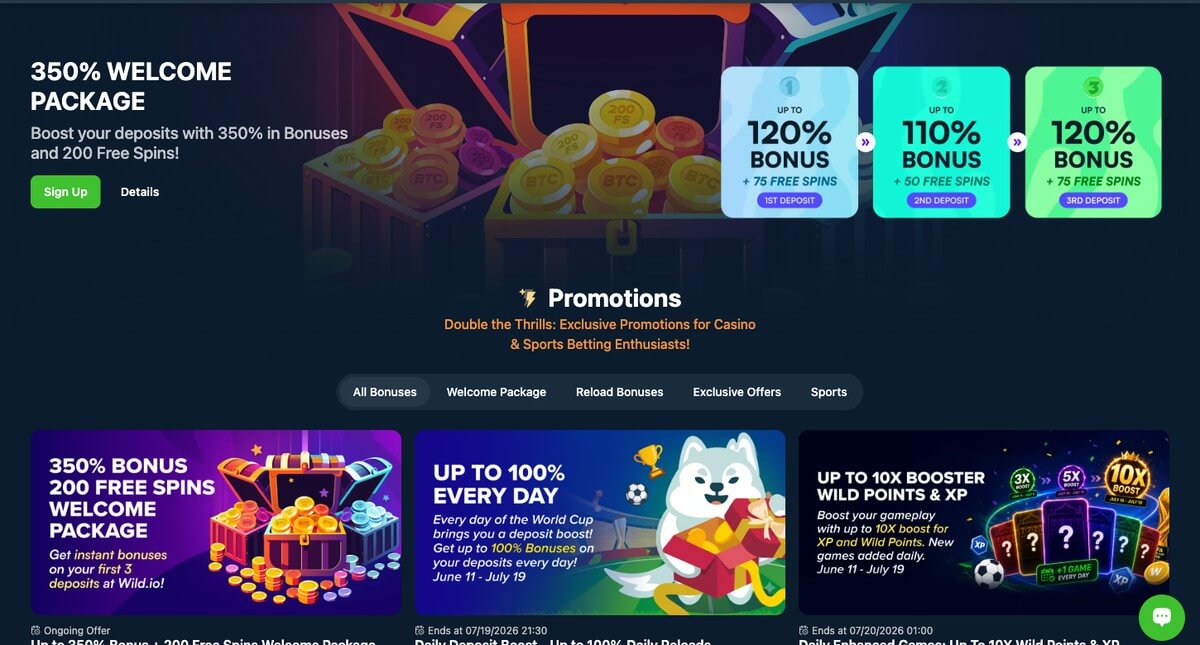 Wild.io account Bonuses tab showing free spins offer