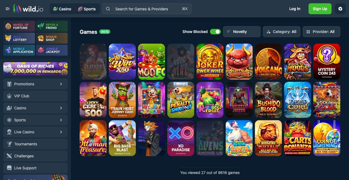 Wild.io casino games lobby showing slot categories