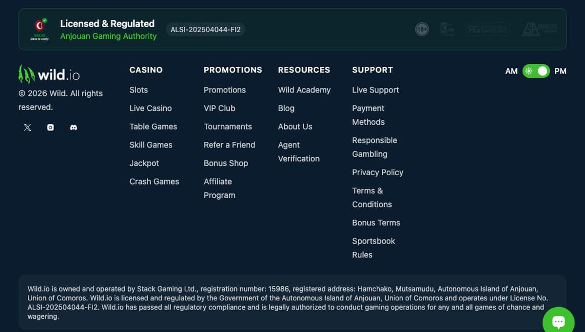 Wild.io website footer showing operator and license information